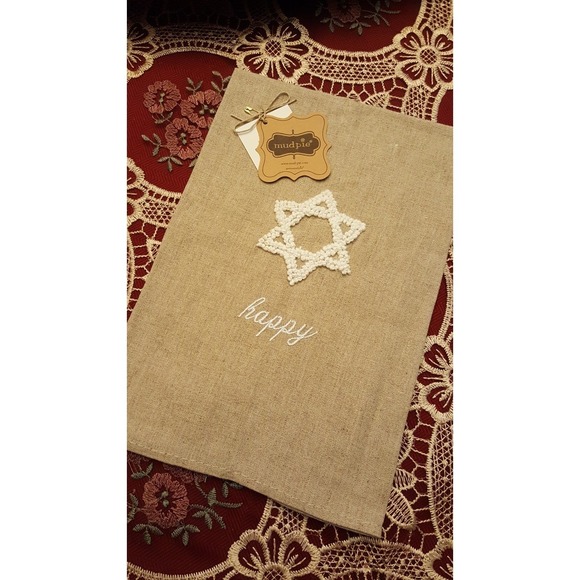 Other - MUD PIE OATMEAL LINEN FRENCH‎ KNOT EMBROIDERED Star of David GUEST HAND TOWEL